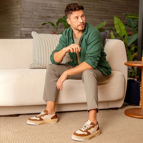 Tênis Casual Sapatênis com Amarração Feito em Mix de Couro Macio Napa Soft e Camurça Multicolor Design Esportivo Sola Alta Masculino Milano Neve 14234