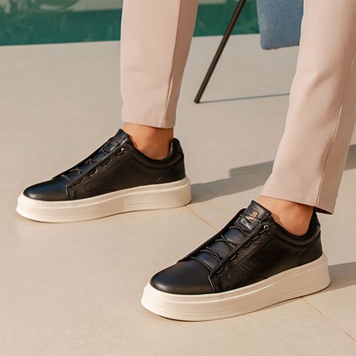 Tênis Casual sem Amarração Feito em Couro Macio Napa Soft Calce Prático Elástico com Amortecedor Biolatex Conforto Masculino Milano Preto/preto 14244