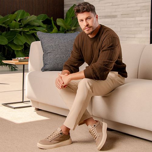 Tênis Casual com Amarração Feito em Couro Macio Napa Soft e Camurça Palmilha Anatômica Amortecedor Biolatex Conforto Masculino Milano Chumbo 14258