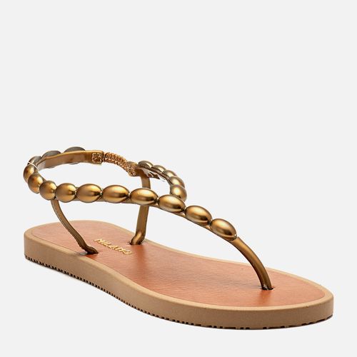 Sandália Chinelo de Dedo Conforto Tiras de Pedraria Metalizada Oval Feminino Milano Bronze 14348