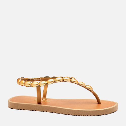 Sandália Chinelo de Dedo Conforto Tiras de Pedraria Metalizada Oval Feminino Milano Ouro Light 14348