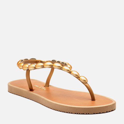 Sandália Chinelo de Dedo Conforto Tiras de Pedraria Metalizada Oval Feminino Milano Ouro Light 14348