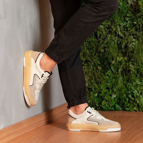 Tênis Casual Sapatênis Feito em Mix de Couro Napa e Camurça Multicolor Design Esportivo com Amarração Sola Alta Masculino Milano Off White/cinza 13907