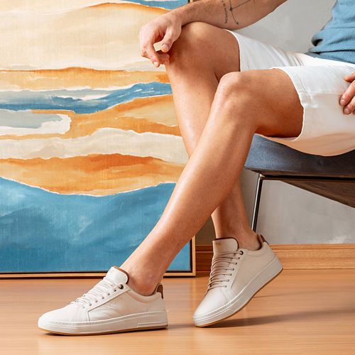 Sapatênis ou Tênis Casual Feito em Couro Napa Soft Macio Calce Prático em Elástico Sola Caixa Masculino Milano Gelo/avelã 13668