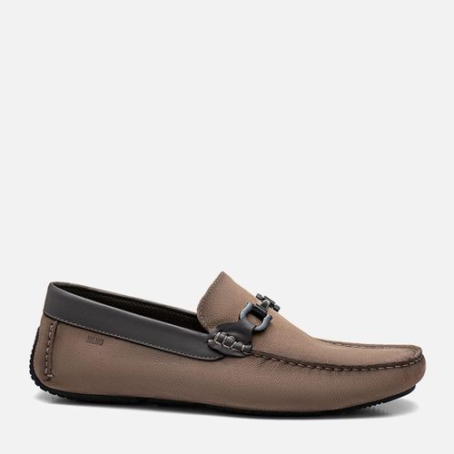 Sapato Mocassim Driver ou Sider Feito em Mix de Couro Nobuk e Liso Metal Gravata Bridão Costura Manual Aparente  Masculino Milano Cimento/café 13767