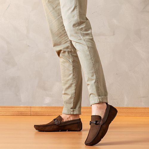 Sapato Mocassim Driver ou Sider Feito em Mix de Couro Nobuk e Liso Metal Gravata Bridão Costura Manual Aparente  Masculino Milano Cafe/cafe 13767