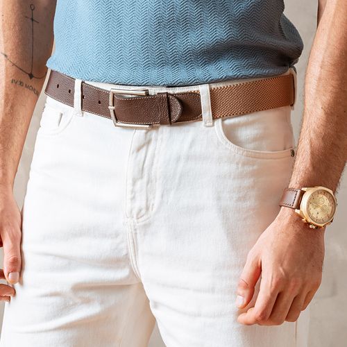 Cinto Masculino Feito em Elástico Adaptável Tamanho Único Tramado Bicolor Detalhes em Couro Fivela Metal Masculino Milano Caqui 13352