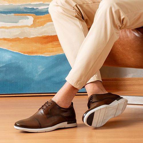 Sapato Casual Derby com Amarração Feito em Couro Macio Soft Solado Tricolor Esporte Fino Masculino Milano Dark Whisky 13079