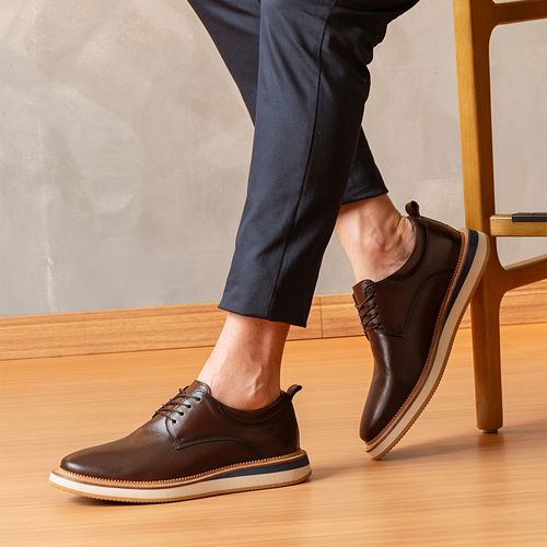 Sapato Casual Derby Esporte Fino com Amarração Feito em Couro Macio Napa Soft Solado Tricolor Anatômico Masculino Milano Chocolate 13952