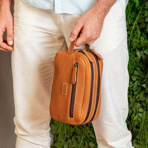 Necessaire Bolsa Viagem Estojo Feito em Couro Floater 2 Divisórias Grande Bolso Frontal Zíper Masculino Milano Smoke 13199