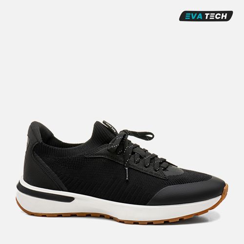 Tênis Casual Design Esportivo em Malha Knit Tricô Tecnológico e Couro Linha EVA Tech Ultra Leve e Borracha Masculino Milano Preto 14056