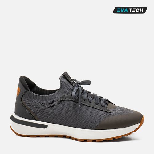 Tênis Casual Design Esportivo em Malha Knit Tricô Tecnológico e Couro Linha EVA Tech Ultra Leve e Borracha Masculino Milano Chumbo 14056