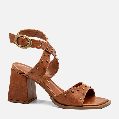 Sandália Salto Alto Bloco Gladiadora Boho Folk Brilho Tachas Rebites Feminino Milano Marrom 14341