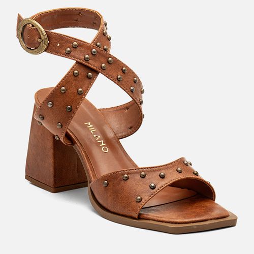 Sandália Salto Alto Bloco Gladiadora Boho Folk Brilho Tachas Rebites Feminino Milano Marrom 14341