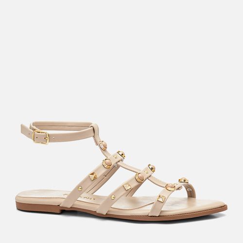 Sandália Rasteira Bico Folha Brilho Tachas Spike Pirâmide e Metal Pedraria Resina Feminino Milano Bege 14319