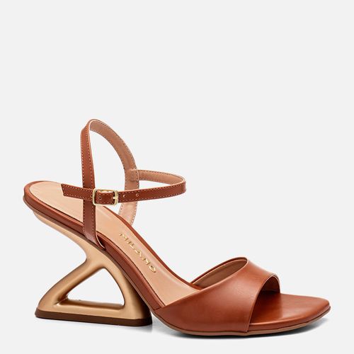 Sandália Salto Alto Geométrico Escultural Anabela Vazado e Tiras Finas  Feminino Milano Caramelo 14333