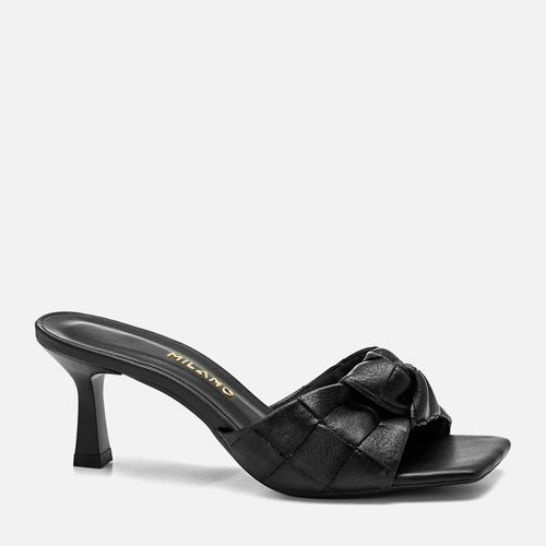 Sandália Tamanco Aberta com Salto Médio Fino Taça Tira em Tramado Tressê  e Nozinho Feminino Milano Preto 14305