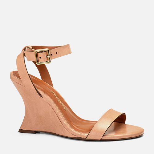 Sandália Anabela Duas Tiras Salto Escultural Wedge Fechada Feminino Milano Bege 14412