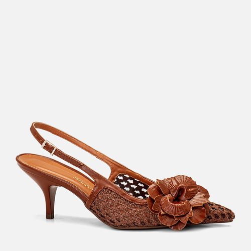 Scarpin Salto Médio Taça Slingback Tramado Natural Transparência Flor  Feminino Milano Caramelo 14413