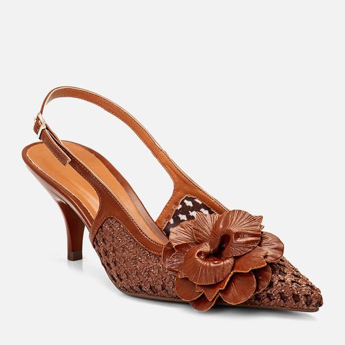Scarpin Salto Médio Taça Slingback Tramado Natural Transparência Flor  Feminino Milano Caramelo 14413
