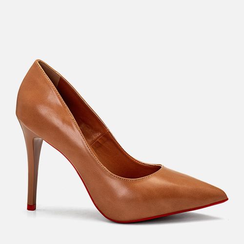 Scarpin Fechado Salto Fino Alto Sola Vermelha e Meia Pata Interna Feminino Milano Caramelo 14417