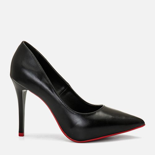 Scarpin Fechado Salto Fino Alto Sola Vermelha e Meia Pata Interna Feminino Milano Preto 14417