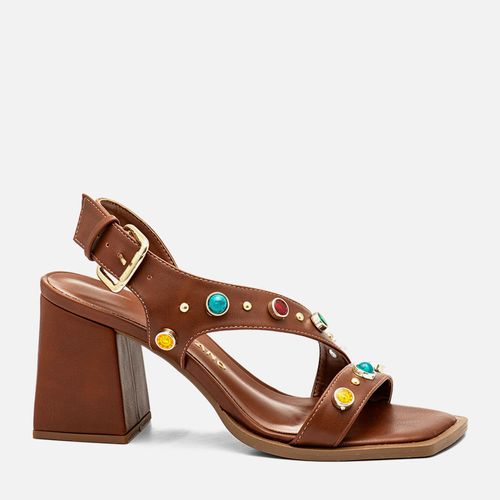 Sandália Salto Alto Bloco Trapézio Mix de Metais e Tachas Boho Multicolor Feminino Milano Marrom 14347