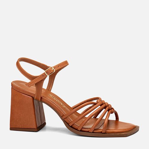 Sandália de Salto Médio Bloco Trapézio Bico Quadrado Tramadas Nózinho Feminino Milano Caramelo 14344