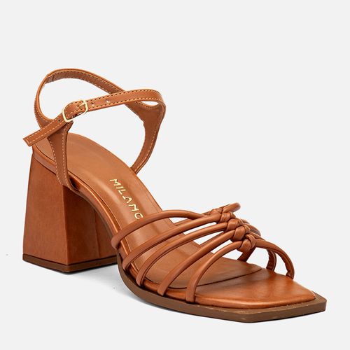 Sandália de Salto Médio Bloco Trapézio Bico Quadrado Tramadas Nózinho Feminino Milano Caramelo 14344