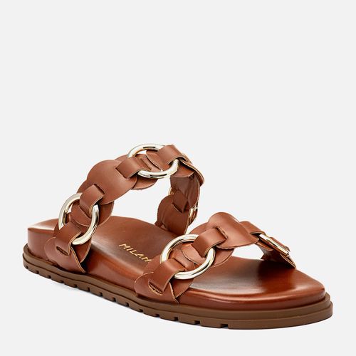 Sandália Papete Tratorada Folk BohoTiras Tramadas Metal Elo Dourado Feminino Milano Caramelo 14437
