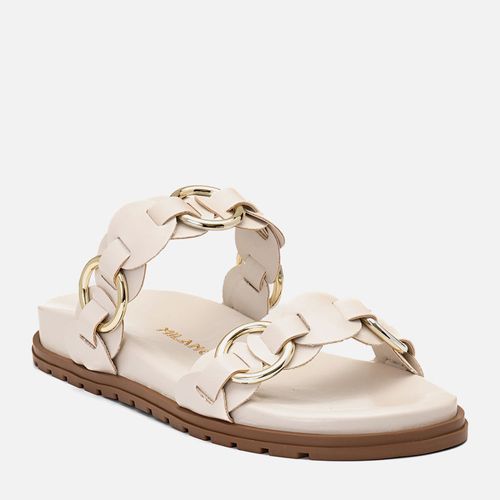 Sandália Papete Tratorada Folk BohoTiras Tramadas Metal Elo Dourado Feminino Milano Off White 14437