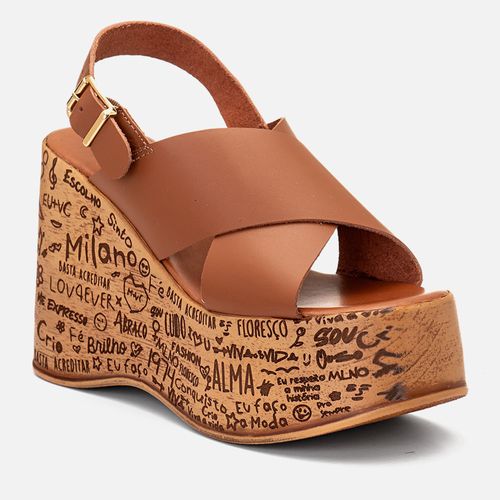 Sandália Plataforma Salto Anabela Feita em Couro Estampa Exclusiva Feminino Milano Caramelo 14418