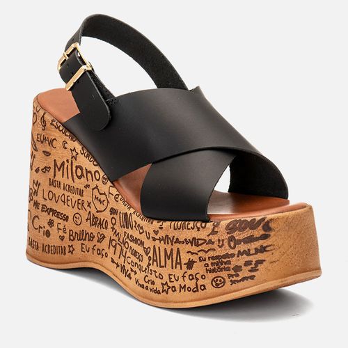 Sandália Plataforma Salto Anabela Feita em Couro Estampa Exclusiva Feminino Milano Preto 14418