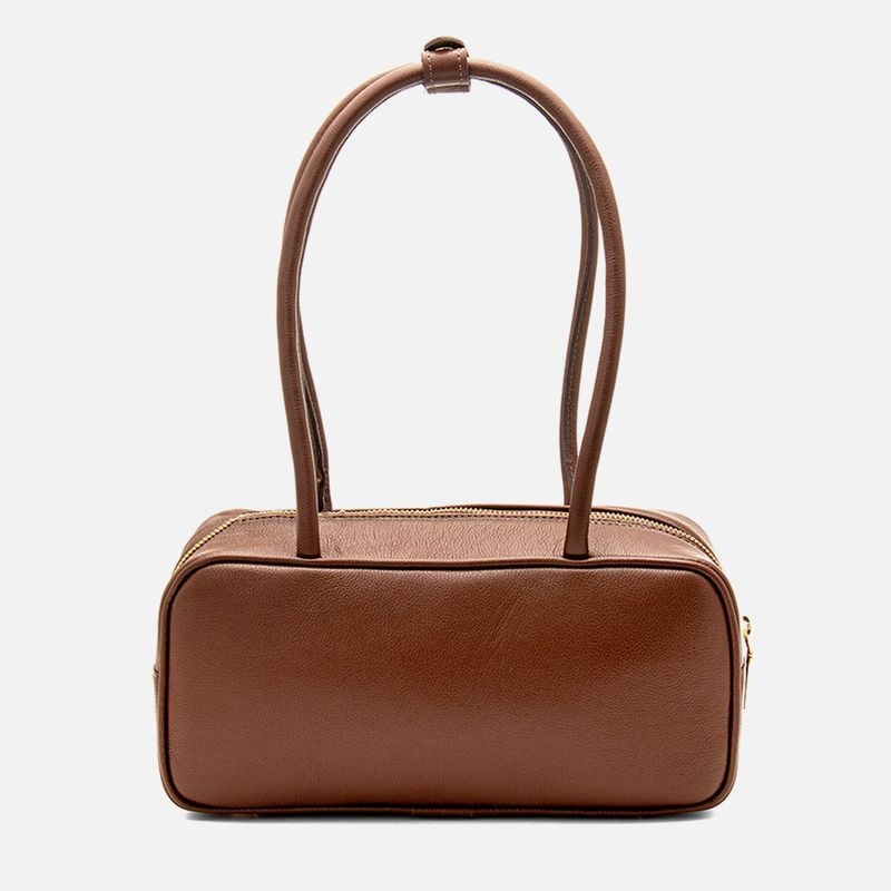 Bolsa Feita em Couro tipo Baguete ou Tote Retangular Media de Mao ou Ombro Feminina Milano Pinhao 14325 -2-