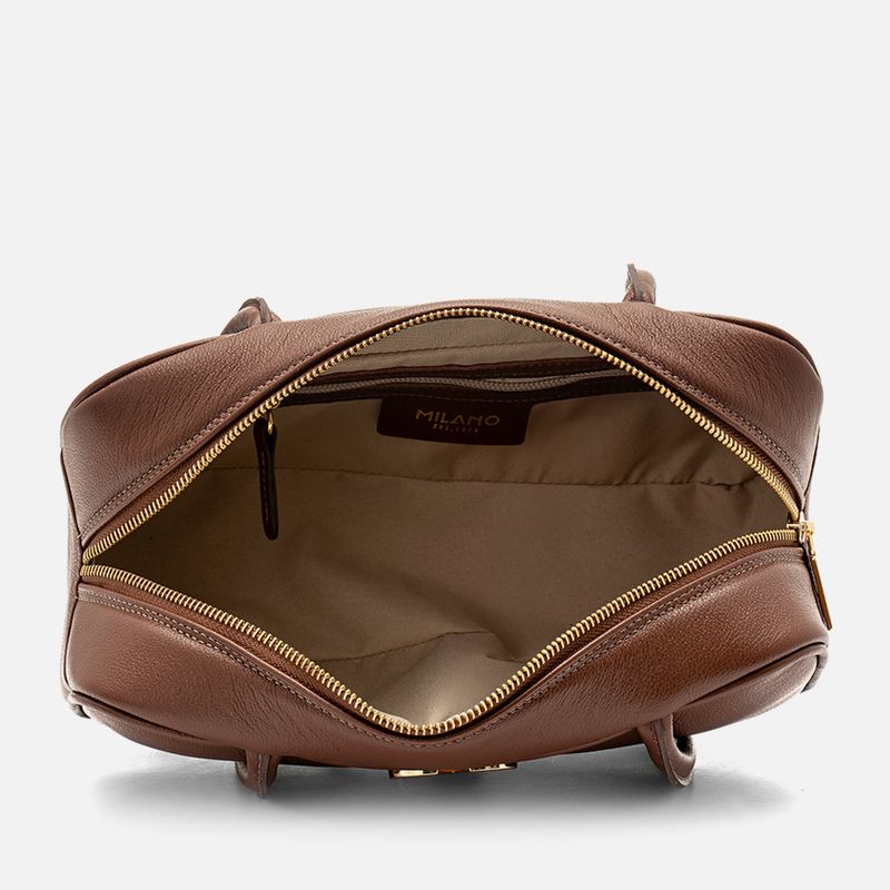 Bolsa Feita em Couro tipo Baguete ou Tote Retangular Media de Mao ou Ombro Feminina Milano Pinhao 14325 -4-