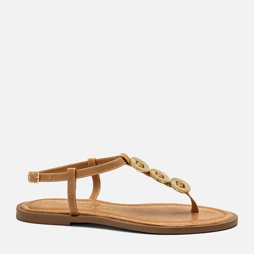 Sandália Rasteira de Dedo Peça Metalizada Tipo Medalha Transpassada Feminino Milano Bege 14422