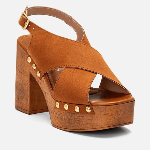 Sandália Plataforma Salto Alto Bloco Meia Pata Tiras Cruzadas Tachas Feminino Milano Caramelo 14391