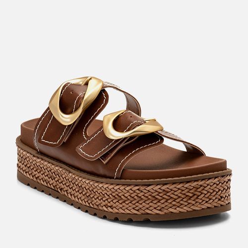 Sandália Papete Plataforma Alta TratoradaTressê Maxi Fivela Formato Orgânico Feminino Milano Caramelo 14404