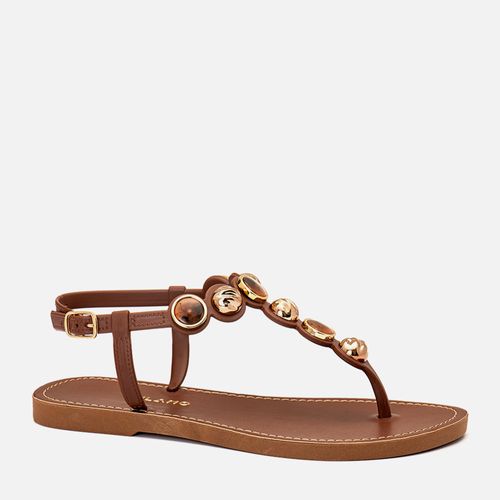 Sandália Chinelo de Dedo Fechada Mix de Peça Metalizada e Pedraria Resina Feminino Milano Marrom 14447
