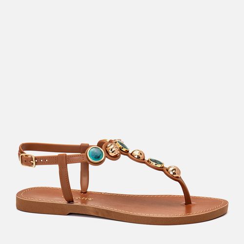 Sandália Chinelo de Dedo Fechada Mix de Peça Metalizada e Pedraria Resina Feminino Milano Caramelo 14447
