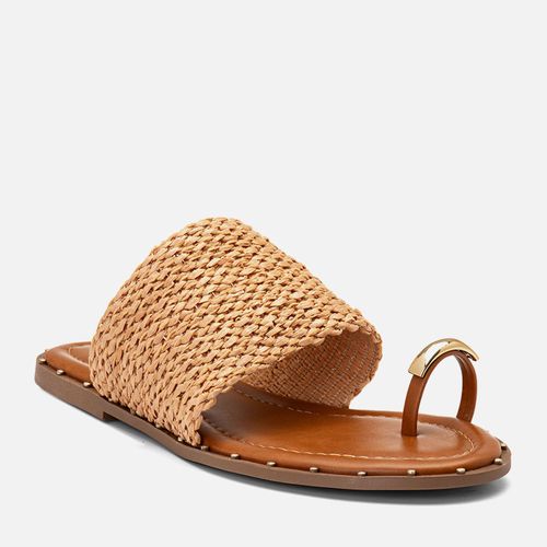 Sandália Rasteira Ring Toe ou Anel de Dedo Peça Dourada e Tira Tramada Natural Feminino Milano Caramelo 14445