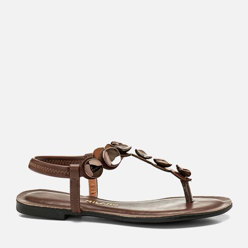 Sandália Rasteira Tira Dividindo os Dedos Recorte Laser Brilho Peça Metalizada Formato Orgânico e Calce Elástico Feminino Milano Marrom 14209