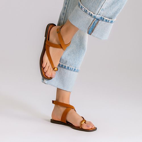 Sandália Rasteira Fechada Boho Ring Toe ou Anel de Dedo Peça Orgânica Feminino Milano Caramelo 14312