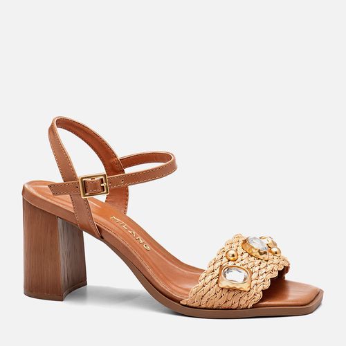 Sandália Salto Alto Bloco Madeira Tramado Natural Brilho Peça Orgânica Strass Feminino Milano Caramelo 14329