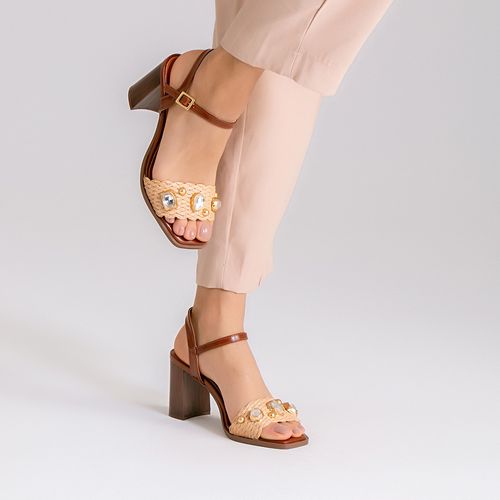 Sandália Salto Alto Bloco Madeira Tramado Natural Brilho Peça Orgânica Strass Feminino Milano Caramelo 14329