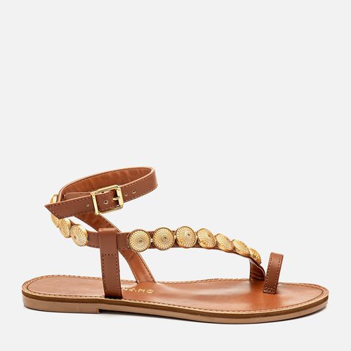 Sandália Rasteira Fechada Tiras Finas Brilho Tira de Medalhas Metalizadas Feminino Milano Caramelo 14352