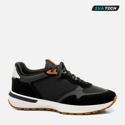 Tênis Casual Design Esportivo em Mix Couro e Tecido Solado Tricolor Linha EVA Tech Ultra Leve Borracha e Forração Tecido Masculino Milano Preto 14055