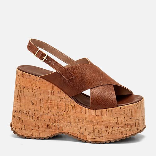 Sandália Plataforma Salto Anabela Cortiça Natural e Tiras em X Feminino Milano Marrom 14394