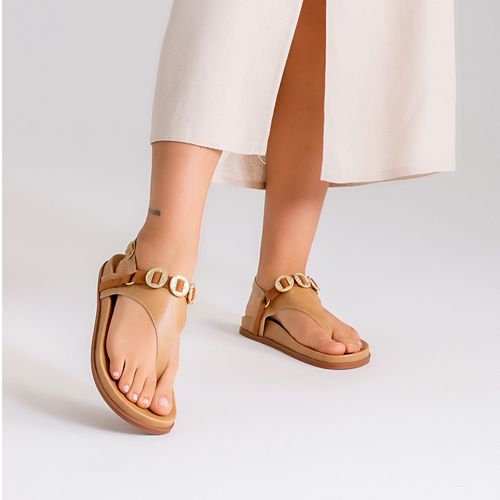 Sandália Papete Detalhe em Tira tipo Camurça Medalhas Transpassadas  Feminino Milano Caramelo 14398