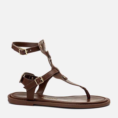 Sandália Rasteira de Dedo Fechada Estilo Gladiadora Recortes Tachas Feminino Milano Marrom 14401